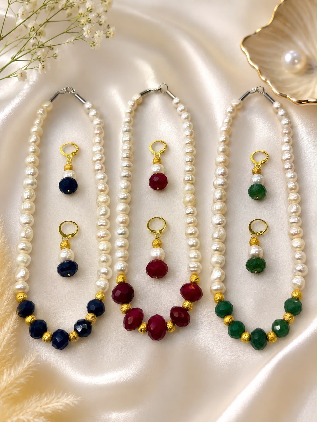 Fresh Water Pearls and Ruby Sapphire Emerald Stone Necklace